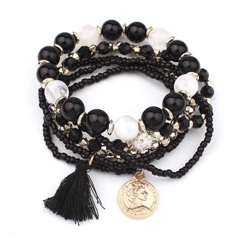 Boho Black Beaded Layered Tassel Coin Bracelet